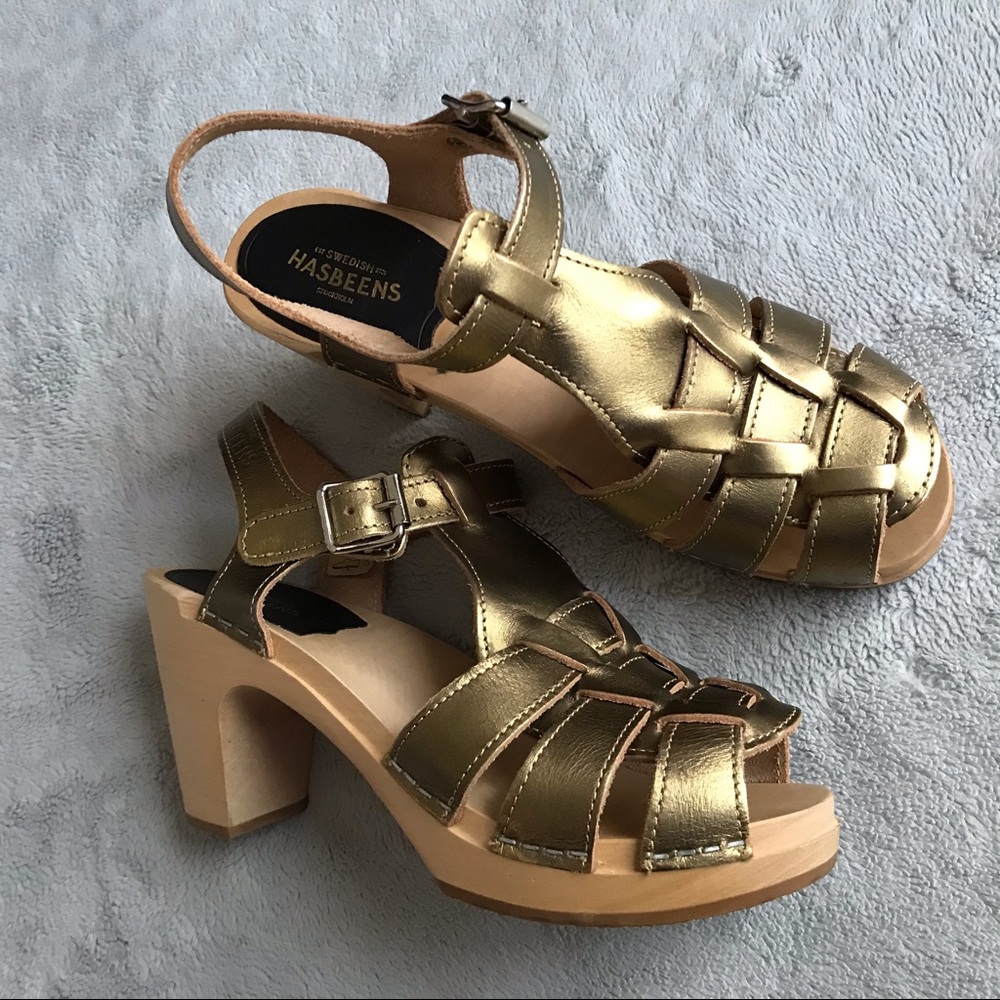 Swedish Hasbeens Grunge High Gold Clog Sandal 38